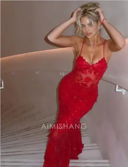 Aimishang Elegant Sheath Spaghetti Straps Red Formal Dress Sparkly Long Prom Dresses Charming Party Evening Gowns