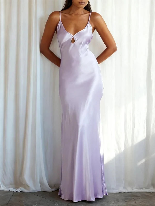 Elegant Sheath Spaghetti Straps Sleeveless Cutout Satin Long Gown Women Party Dress