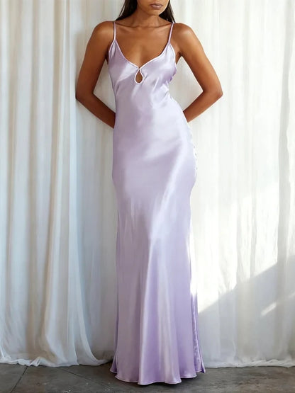 Elegant Sheath Spaghetti Straps Sleeveless Cutout Satin Long Gown Women Party Dress