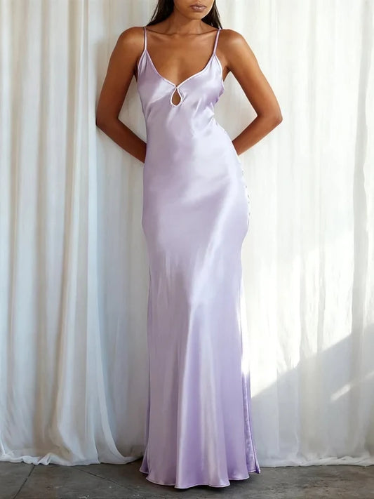 Elegant Sheath Spaghetti Straps Sleeveless Cutout Satin Long Gown Women Party Dress