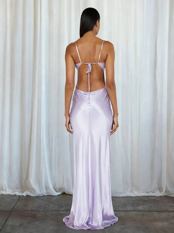 Elegant Sheath Spaghetti Straps Sleeveless Cutout Satin Long Gown Women Party Dress