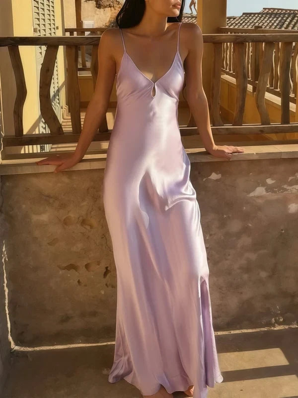 Elegant Sheath Spaghetti Straps Sleeveless Cutout Satin Long Gown Women Party Dress