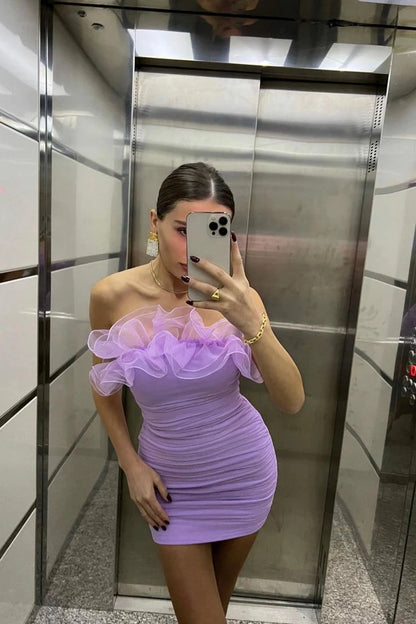 Aimishang Elegant Sheath Strapless Ruffle Sleeveless Short Formal Birthday Party Dress Sweet Graduation Homecoming Dress