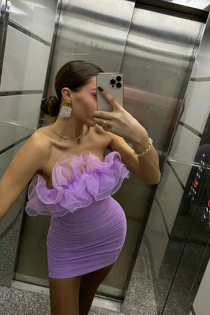 Aimishang Elegant Sheath Strapless Ruffle Sleeveless Short Formal Birthday Party Dress Sweet Graduation Homecoming Dress