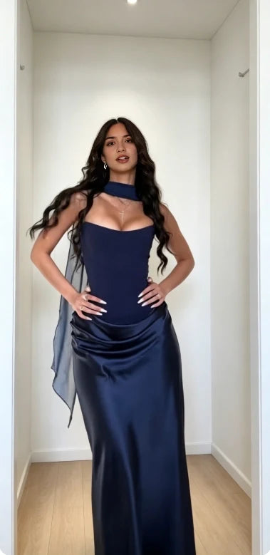Elegant Sheath Strapless Sleeveless Drape Detail Satin Floor-Length Gown Women's Formal Party