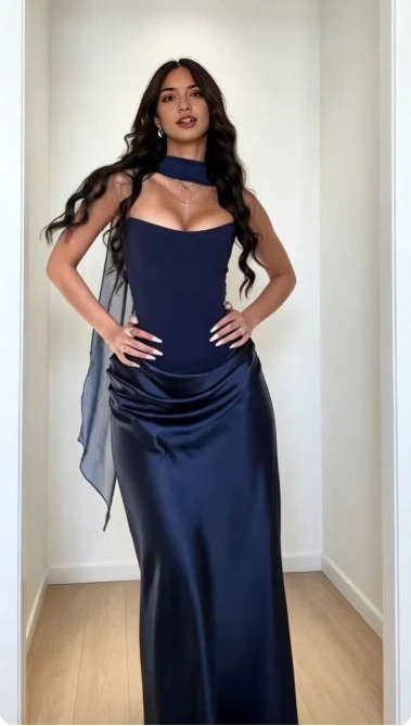 Elegant Sheath Strapless Sleeveless Drape Detail Satin Floor-Length Gown Women's Formal Party
