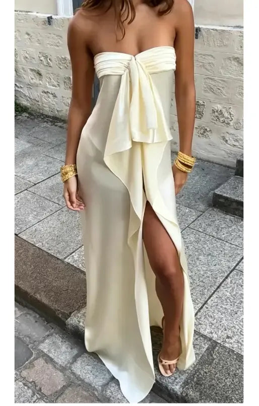 Aimishang Elegant Sheath Strapless Sleeveless Graduation Party Dress Lovely Long Formal Prom Dress with Slit and Ruffle