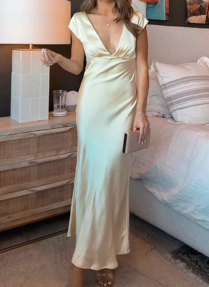 Elegant Sheath V-Neck Short Sleeve Satin Maxi Gown Simple Women Party Dress