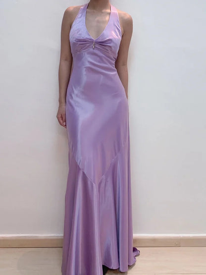 Aimishang Elegant Sheath V NecK Sleeveless Purple Satin Evening Party Dress Classy Long Formal Prom Dress