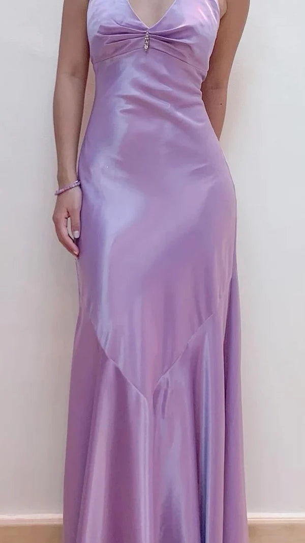 Aimishang Elegant Sheath V NecK Sleeveless Purple Satin Evening Party Dress Classy Long Formal Prom Dress