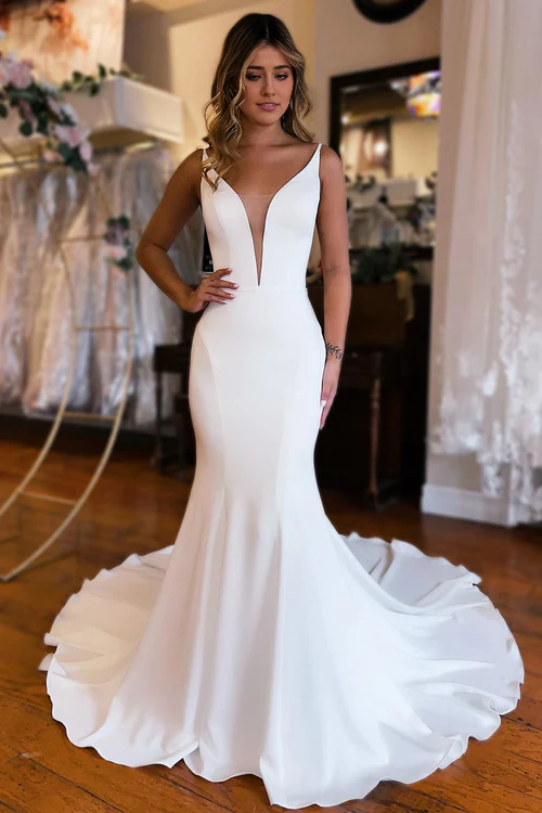 Aimishang Elegant Sleeveless Bridal Gown Simple Mermaid Backless Boho Wedding Dress