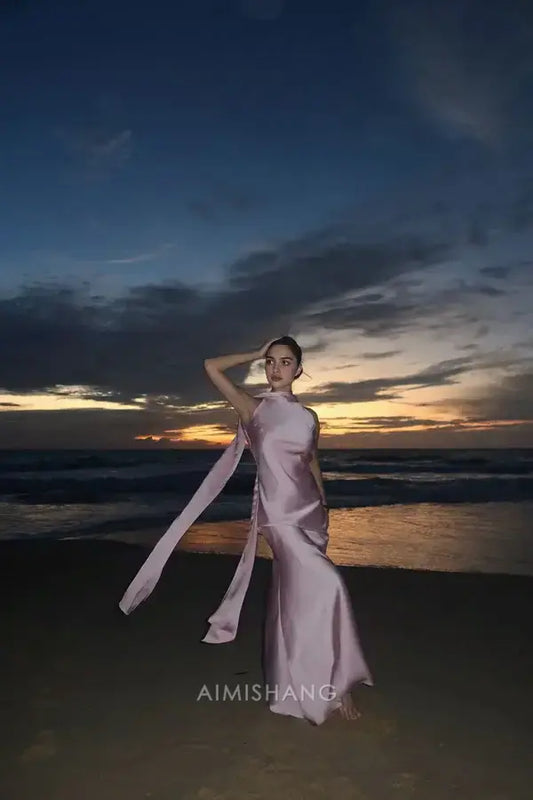 Aimishang Elegant Sleeveless Satin Long Formal Prom Dress Simple Wedding Guest Dress Charming Party Evening Gowns Fashion Vacation Beach Dress