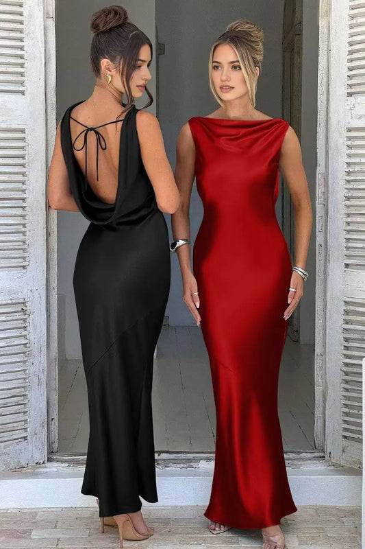 Aimishang Elegant Sleeveless Satin Maxi Dress Simple Wedding Guest Party Dress Classy Long Formal Prom Dress
