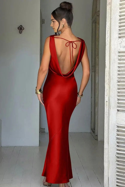 Aimishang Elegant Sleeveless Satin Maxi Dress Simple Wedding Guest Party Dress Classy Long Formal Prom Dress