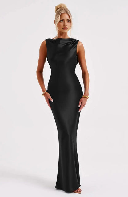 Aimishang Elegant Sleeveless Satin Maxi Dress Simple Wedding Guest Party Dress Classy Long Formal Prom Dress