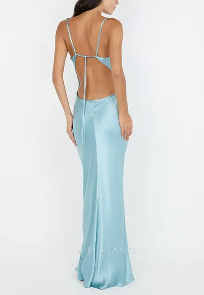 Aimishang Elegant Spaghetti Straps Sleeveless Satin Long Prom Dress Simple Evening Party Dress