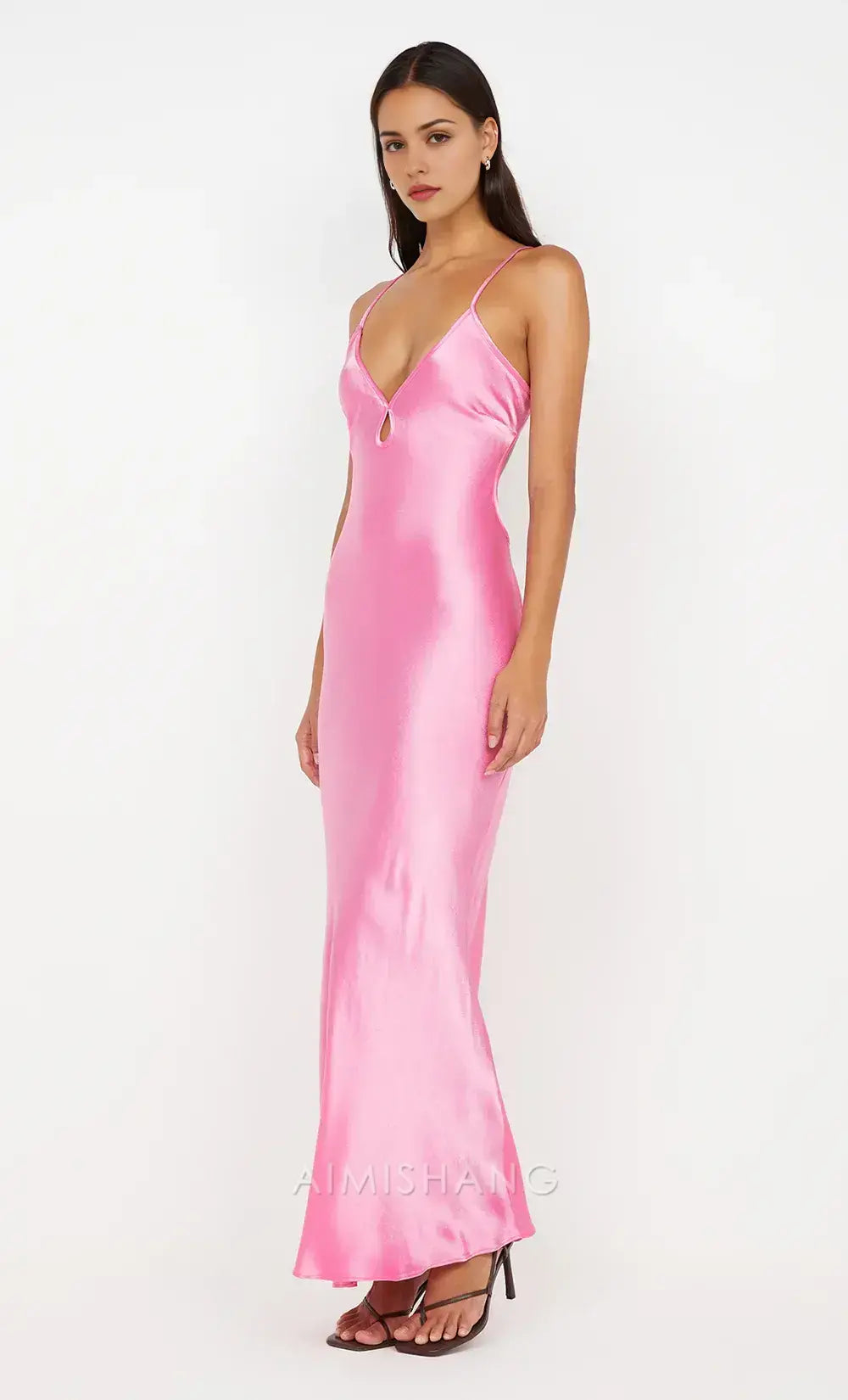 Aimishang Elegant Spaghetti Strap Sleeveless Satin Long Prom Dress Simple Evening Party Dress