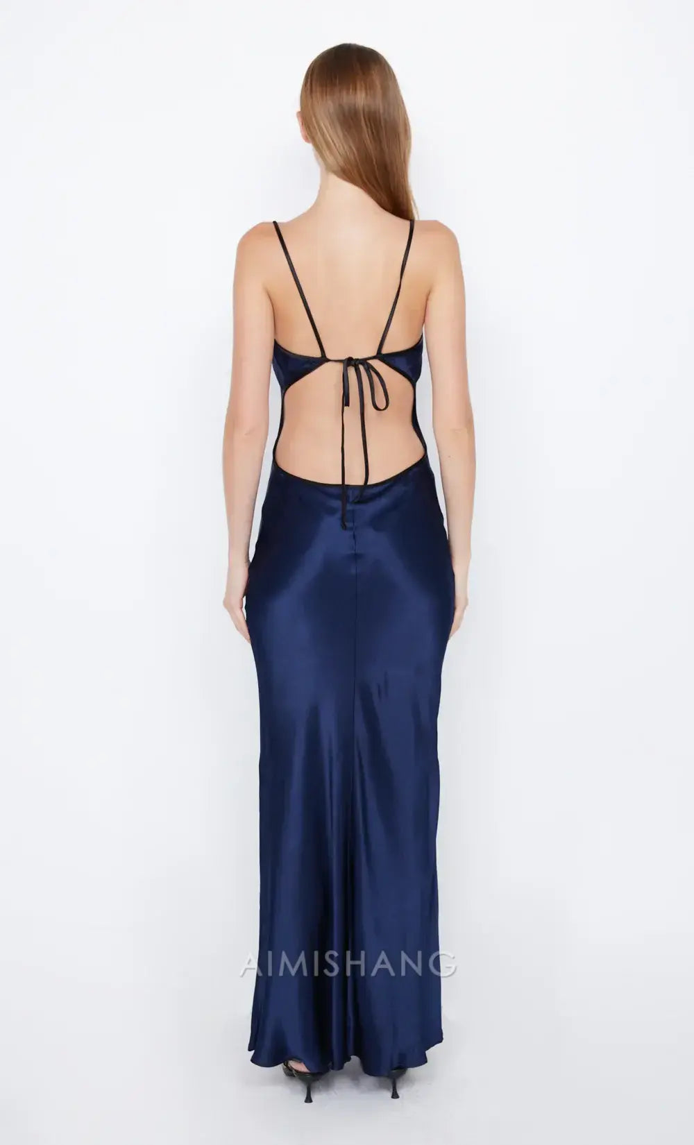 Aimishang Elegant Spaghetti Straps Sleeveless Satin Long Prom Dress Simple Evening Party Dress