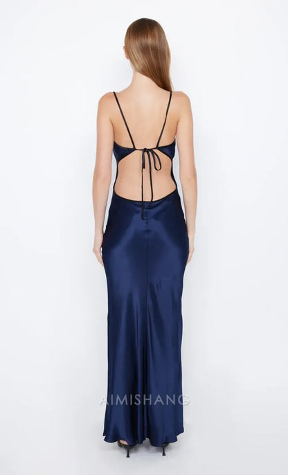Aimishang Elegant Spaghetti Straps Sleeveless Satin Long Prom Dress Simple Evening Party Dress