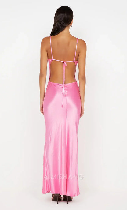 Aimishang Elegant Spaghetti Strap Sleeveless Satin Long Prom Dress Simple Evening Party Dress