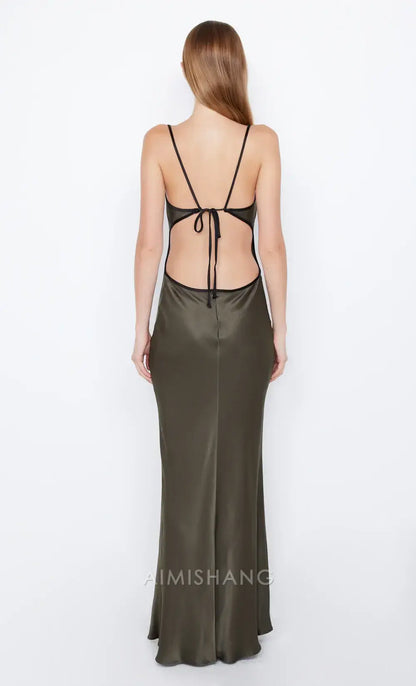 Aimishang Elegant Spaghetti Straps Sleeveless Satin Long Prom Dress Simple Evening Party Dress