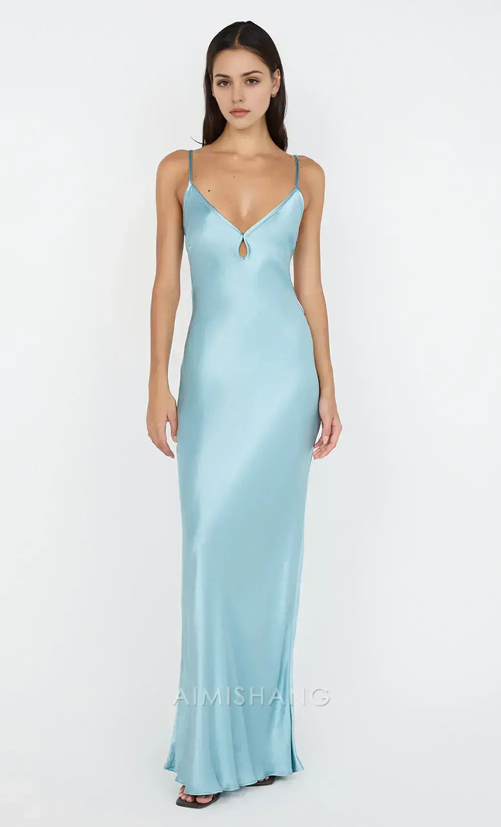 Aimishang Elegant Spaghetti Straps Sleeveless Satin Long Prom Dress Simple Evening Party Dress