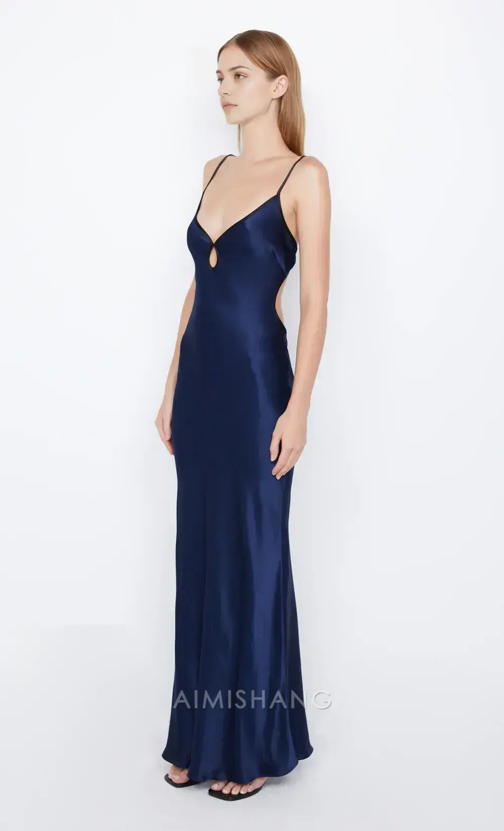 Aimishang Elegant Spaghetti Straps Sleeveless Satin Long Prom Dress Simple Evening Party Dress