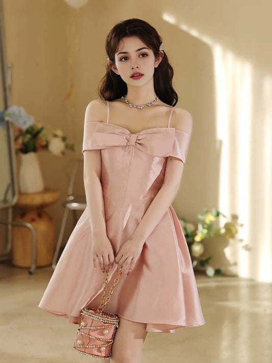 Aimishang Elegant Spaghetti Straps A Line Sleeveless Satin Short Formal Homecoming Dress Sweet Birthday Party Dress With Bow