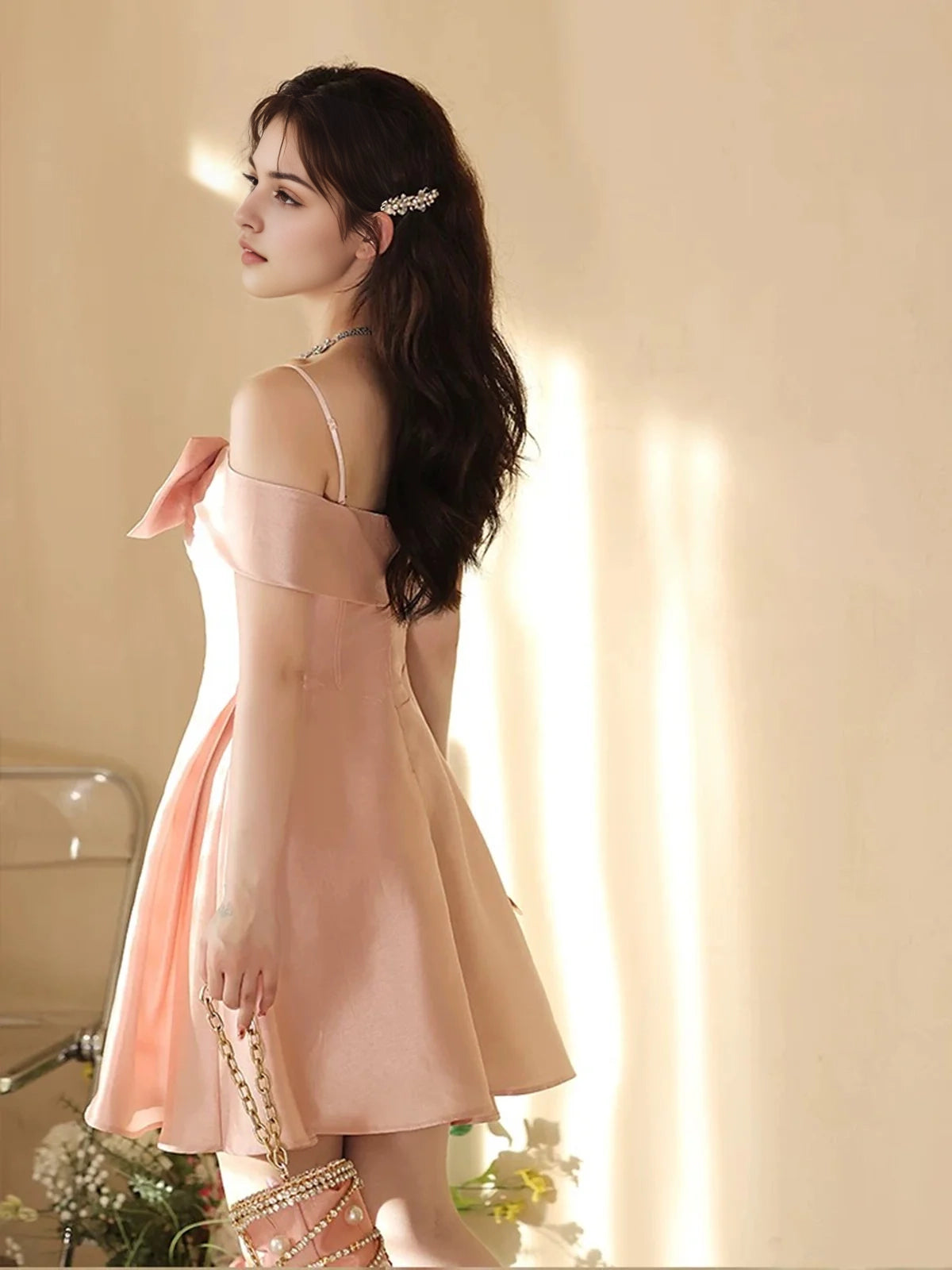 Aimishang Elegant Spaghetti Straps A Line Sleeveless Satin Short Formal Homecoming Dress Sweet Birthday Party Dress With Bow