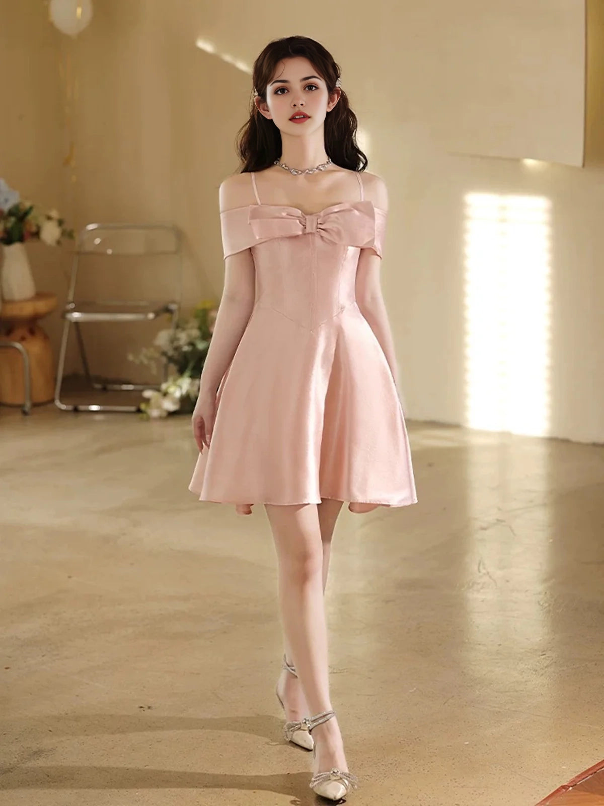 Aimishang Elegant Spaghetti Straps A Line Sleeveless Satin Short Formal Homecoming Dress Sweet Birthday Party Dress With Bow