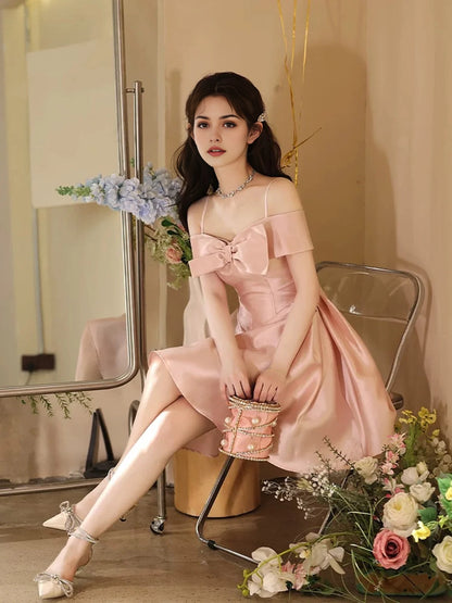 Aimishang Elegant Spaghetti Straps A Line Sleeveless Satin Short Formal Homecoming Dress Sweet Birthday Party Dress With Bow