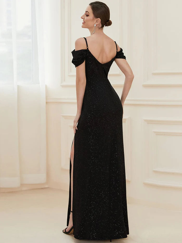 Aimishang Elegant Spaghetti Straps Cold Shoulder Maxi Wedding Guest Dress Charming Evening Party Dress With Slit