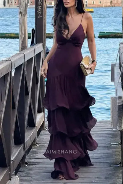 Aimishang Elegant Spaghetti Straps Layered Evening Dress Long Wedding Guest Party Dress Charming Prom Dress