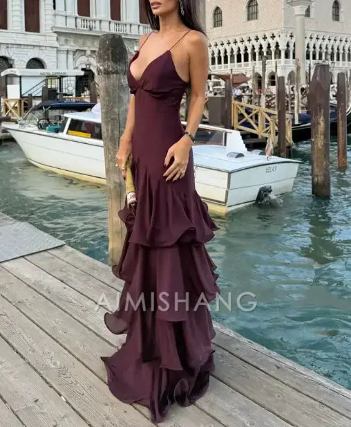 Aimishang Elegant Spaghetti Straps Layered Evening Dress Long Wedding Guest Party Dress Charming Prom Dress