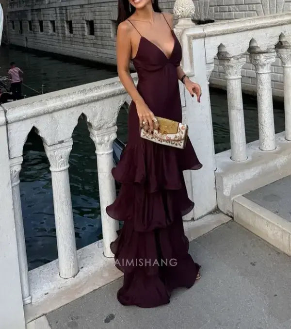 Aimishang Elegant Spaghetti Straps Layered Evening Dress Long Wedding Guest Party Dress Charming Prom Dress