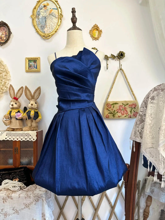 Aimishang Elegant Spaghetti Straps Satin Pleated Blue Sleeveless Short Formal Party Dress Classy Birthday Homecoming Dress