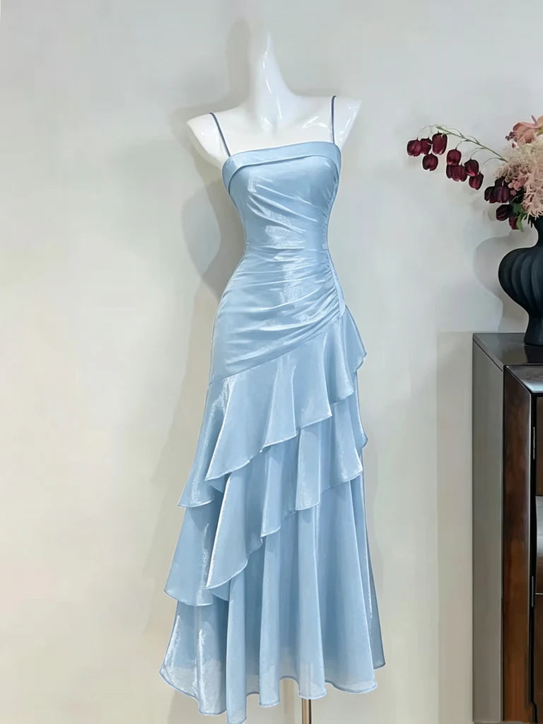 Aimishang Elegant Spaghetti Straps Sleeveless Blue/Black/Burgundy Satin Long Formal Graduation Dresses