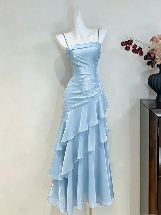 Aimishang Elegant Spaghetti Straps Sleeveless Blue/Black/Burgundy Satin Long Formal Graduation Dresses
