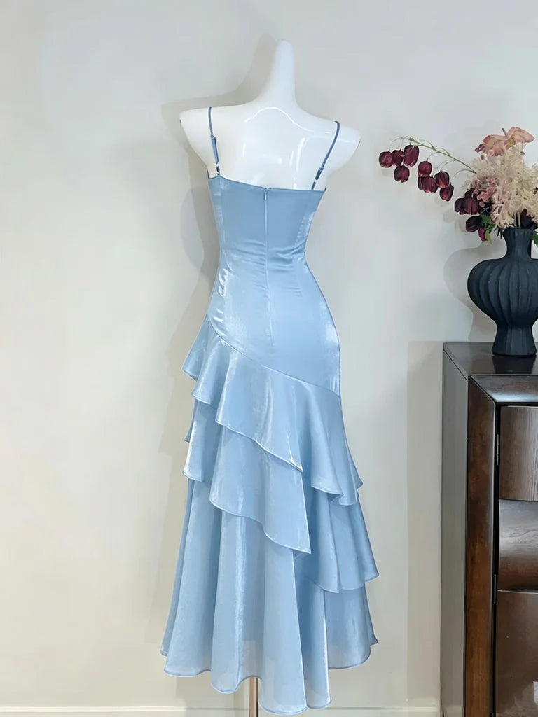 Aimishang Elegant Spaghetti Straps Sleeveless Blue/Black/Burgundy Satin Long Formal Graduation Dresses