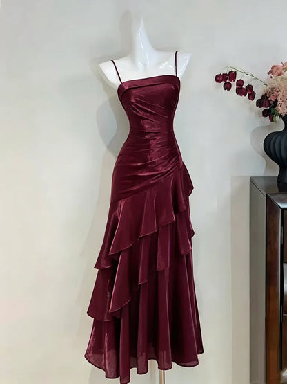 Aimishang Elegant Spaghetti Straps Sleeveless Blue/Black/Burgundy Satin Long Formal Graduation Dresses
