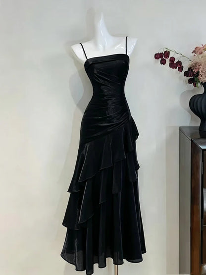 Aimishang Elegant Spaghetti Straps Sleeveless Blue/Black/Burgundy Satin Long Formal Graduation Dresses