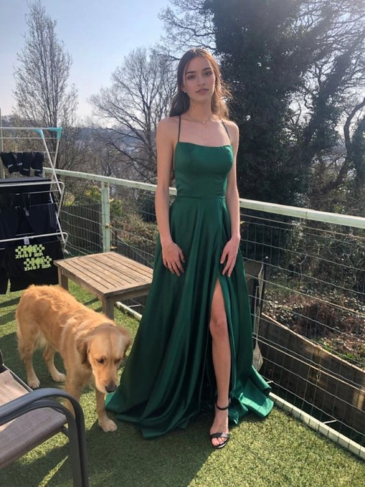 Aimishang Elegant Spaghetti Straps Sleeveless Green Satin A line Party Evening Gown Simple Graduation Dress With Slit
