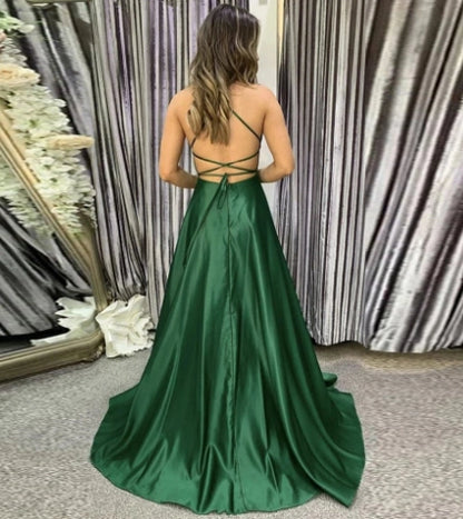 Aimishang Elegant Spaghetti Straps Sleeveless Green Satin A line Party Evening Gown Simple Graduation Dress With Slit