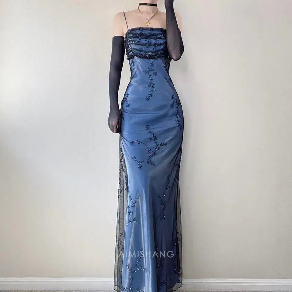 Aimishang Elegant Spaghetti Straps Sleeveless Long Formal Prom Dress Charming Evening Party Dress for Ladies No With Gloves