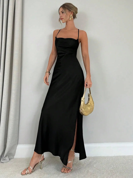 Aimishang Elegant Black Spaghetti Straps Sleeveless Long Prom Dress Simple Evening Party Dress With Slit
