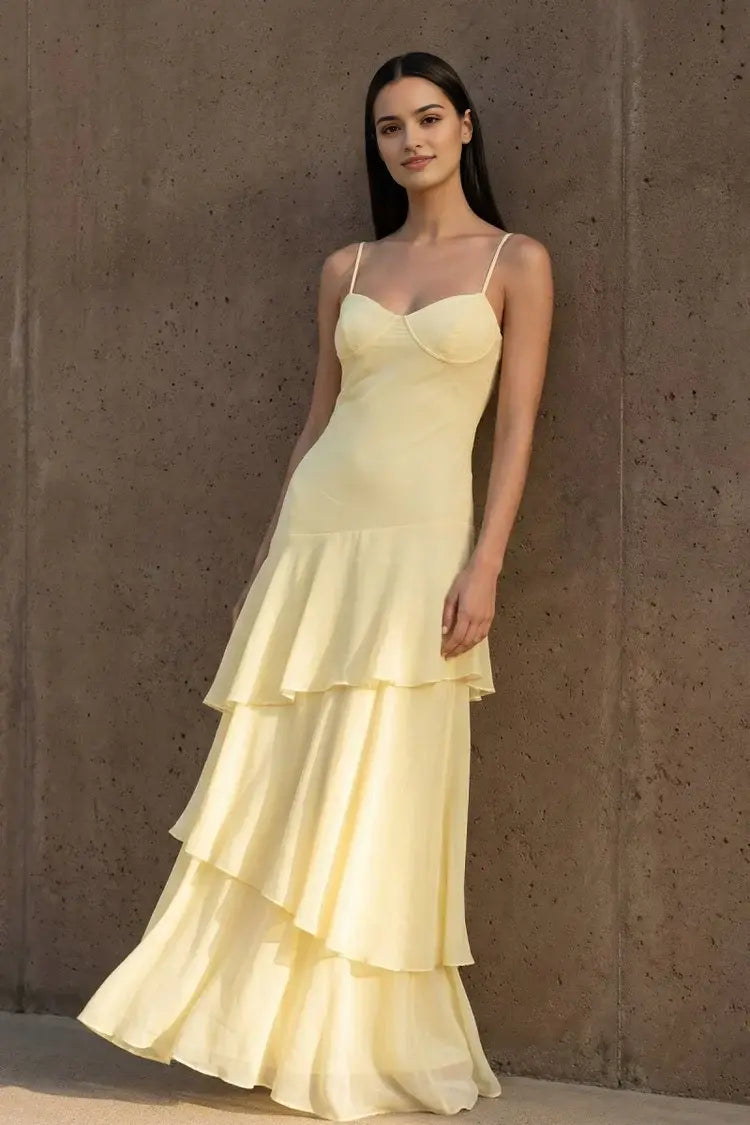 Aimishang Elegant Spaghetti Straps Sleeveless Ruffle Wedding Guest Dress Lovely Long Party Prom Dress