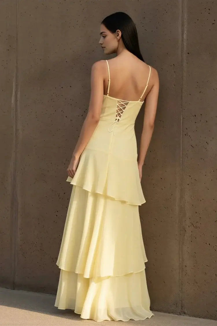 Aimishang Elegant Spaghetti Straps Sleeveless Ruffle Wedding Guest Dress Lovely Long Party Prom Dress