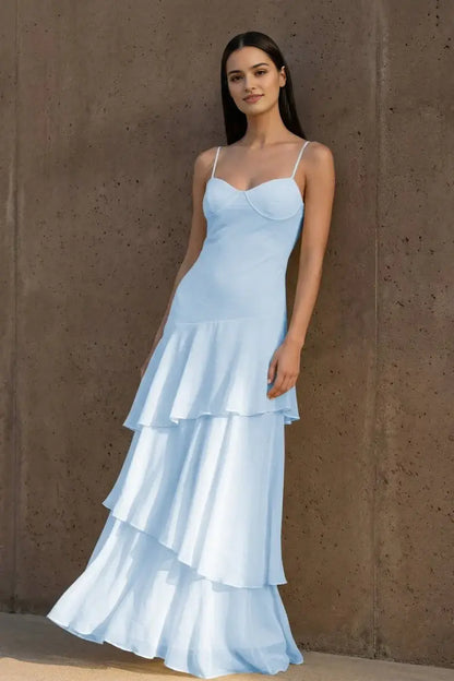 Aimishang Elegant Spaghetti Straps Sleeveless Ruffle Wedding Guest Dress Lovely Long Party Prom Dress