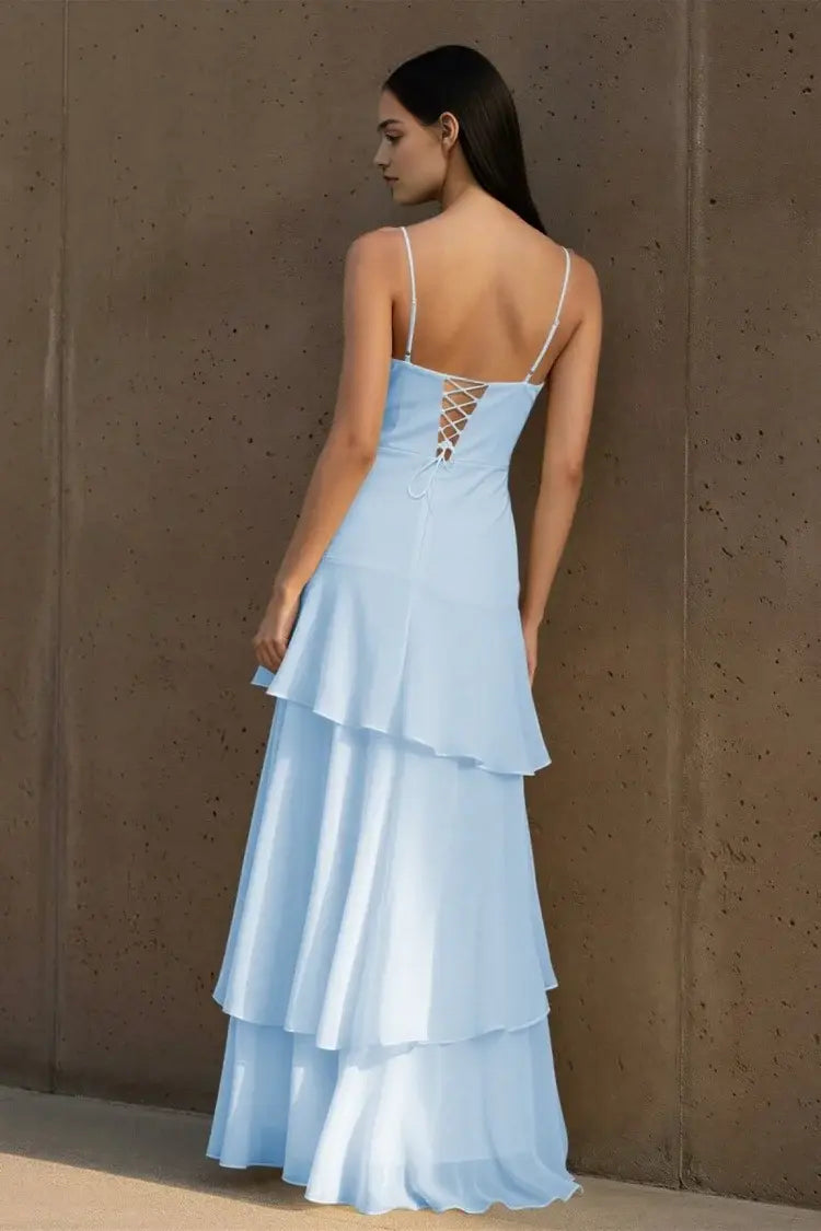 Aimishang Elegant Spaghetti Straps Sleeveless Ruffle Wedding Guest Dress Lovely Long Party Prom Dress