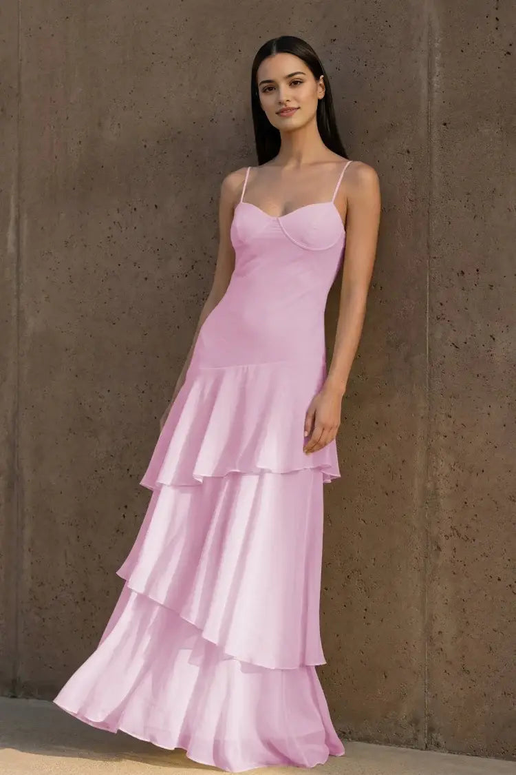 Aimishang Elegant Spaghetti Straps Sleeveless Ruffle Wedding Guest Dress Lovely Long Party Prom Dress